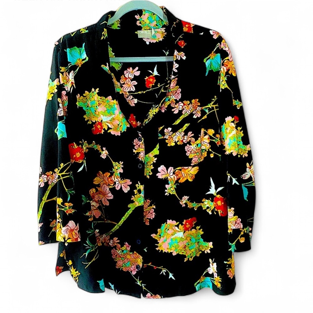 ASOS BLACK FLORAL PRINT LONG SLEEVE BUTTON DOWN OVERSIZED TOP SIZE 14 BOHO